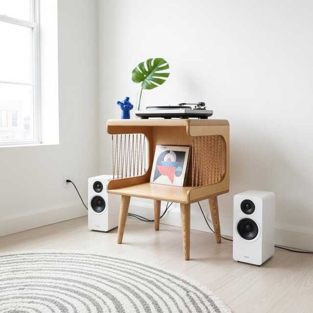 Retro Turntable Stand, Mid Century Style Record Player Wooden Bedside Table, Plywood Furniture - image 1
