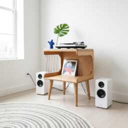 Retro Turntable Stand, Mid Century Style Record Player Wooden Bedside Table, Plywood Furniture