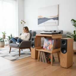 Retro Turntable Stand, Mid Century Style Record Player Wooden Bedside Table, Plywood Furniture - thumbnail 3