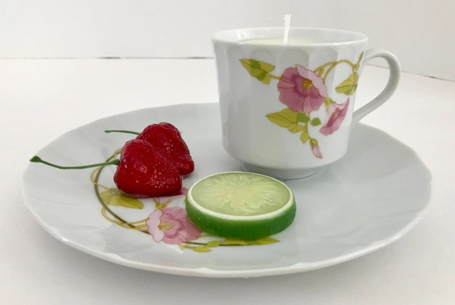 Lavender Scented Natural Soy Candle in A Porcelain Teacup & Snack Tray With Purple Flowers Strawberries - image 1