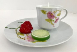 Lavender Scented Natural Soy Candle in A Porcelain Teacup & Snack Tray With Purple Flowers Strawberries