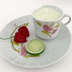 Lavender Scented Natural Soy Candle in A Porcelain Teacup & Snack Tray With Purple Flowers Strawberries - thumbnail 4