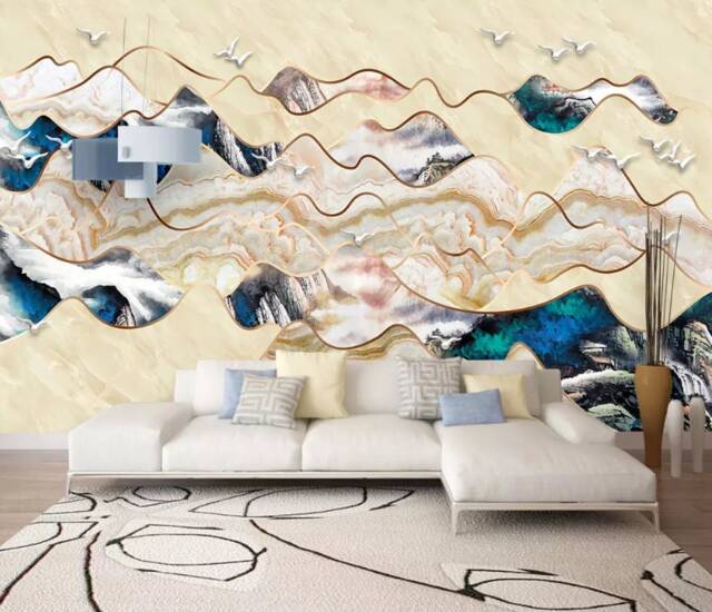 3D Landscape Wallpaper, Golden Lines, Marble Wall Decor - Peel & Stick - image 1