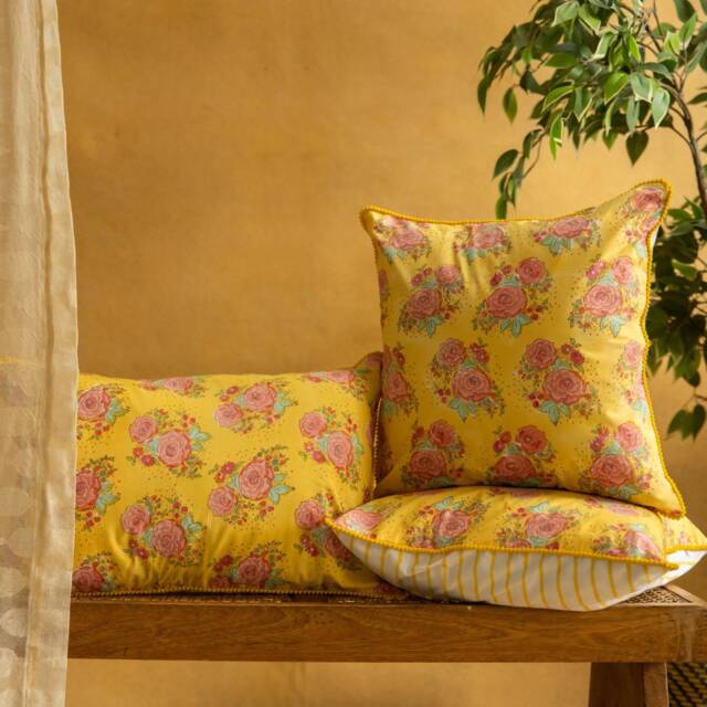 Yellow Kentish Rose Blockprinted Cushion Cover, Handmade Cushions, Cushions, Cushion For Living Room, Home Decor - image 1