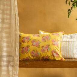 Yellow Kentish Rose Blockprinted Cushion Cover, Handmade Cushions, Cushions, Cushion For Living Room, Home Decor - thumbnail 3