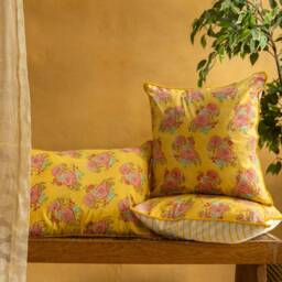 Yellow Kentish Rose Blockprinted Cushion Cover, Handmade Cushions, Cushions, Cushion For Living Room, Home Decor - thumbnail 1