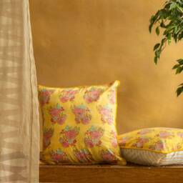 Yellow Kentish Rose Blockprinted Cushion Cover, Handmade Cushions, Cushions, Cushion For Living Room, Home Decor - thumbnail 4