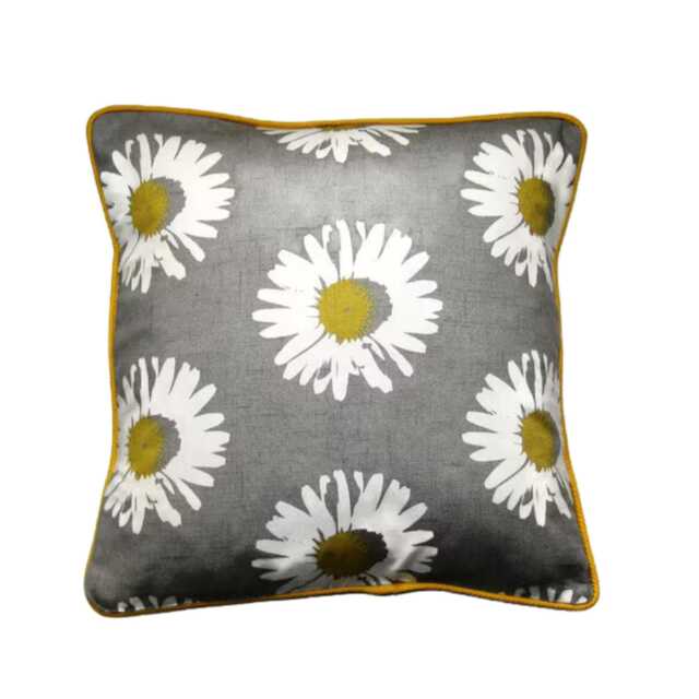 Daisy Floral Cotton Cushion Cover Grey & Yellow Home Decor - image 1
