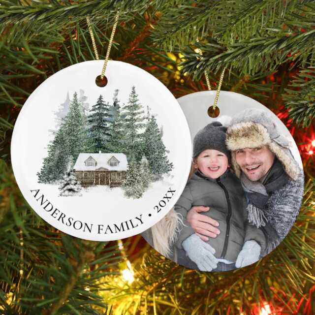 Personalized Family Photo Rustic Pine Forest Cabin Christmas Ornament, New House Our Ornament 2025 - image 1