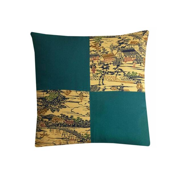 Japanese Silk Kimono Cushion Teal Cream Asian Decor Pillow Cover 18x18 - image 1