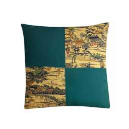 Japanese Silk Kimono Cushion Teal Cream Asian Decor Pillow Cover 18x18 - thumbnail 1
