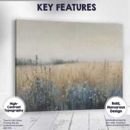 Misty Meadow Wild Grasses Neutral Beige Blue Textured Landscape Canvas Wall Art Print Decor Picture Ready To Hang