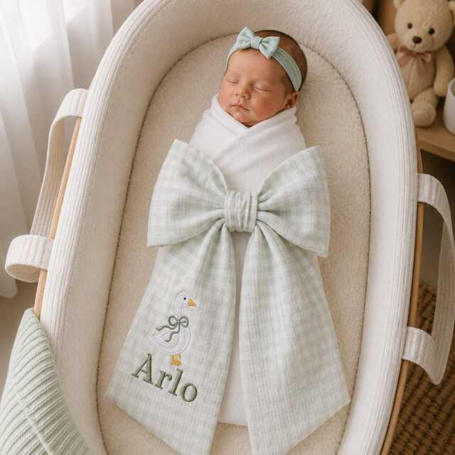 Custom Goose Embroidered Newborn Bow Sash, Baby Gingham Swaddle, Sash For Picture, Shower Gift - image 1