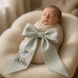 Custom Goose Embroidered Newborn Bow Sash, Baby Gingham Swaddle, Sash For Picture, Shower Gift - thumbnail 3