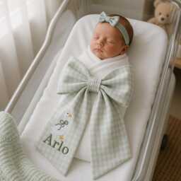 Custom Goose Embroidered Newborn Bow Sash, Baby Gingham Swaddle, Sash For Picture, Shower Gift - thumbnail 2