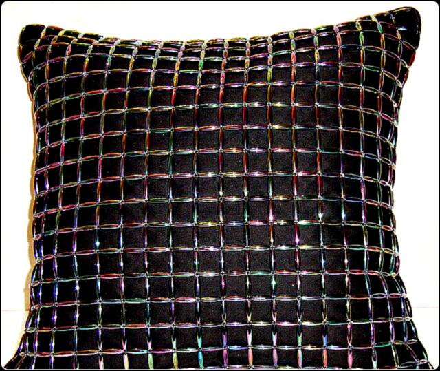 Iridescent Black Beaded Pillow - Aurora Borealis Effect Handmade Front Cover Wedding Luxury Gift Idea Home Decor - image 1