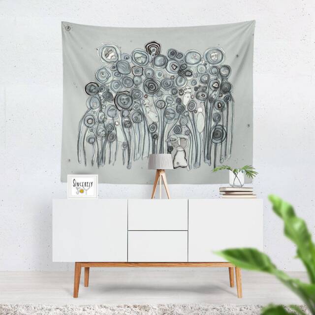 Abstract Floral Art Tapestry Wall Hanging Art Colorful Blue Tapestry Large Unique Artist Mixed Media Tapestries - image 1
