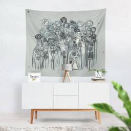 Abstract Floral Art Tapestry Wall Hanging Art Colorful Blue Tapestry Large Unique Artist Mixed Media Tapestries