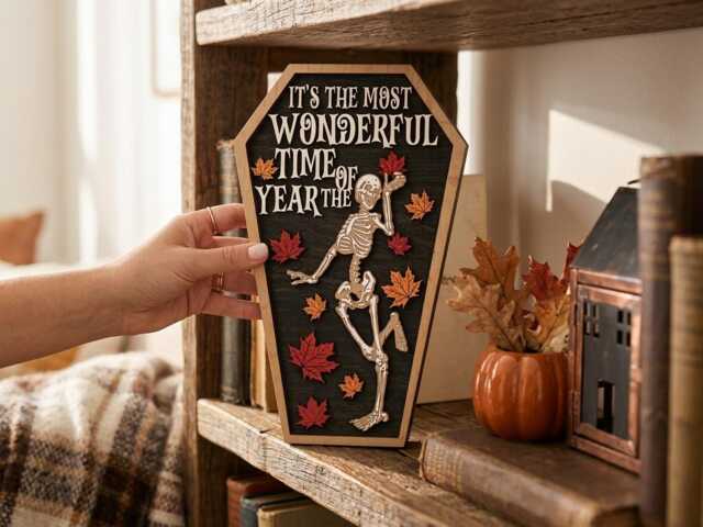 Skeleton Coffin Wooden Door Sign, Halloween Wall Hanging, Autumn Maple Leaf Decor, Spooky Season Plaque - image 1