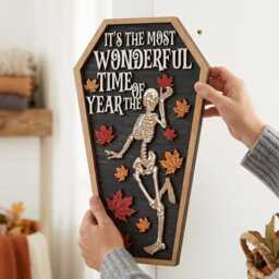 Skeleton Coffin Wooden Door Sign, Halloween Wall Hanging, Autumn Maple Leaf Decor, Spooky Season Plaque - thumbnail 2