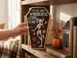 Skeleton Coffin Wooden Door Sign, Halloween Wall Hanging, Autumn Maple Leaf Decor, Spooky Season Plaque - thumbnail 1