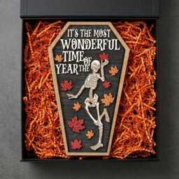 Skeleton Coffin Wooden Door Sign, Halloween Wall Hanging, Autumn Maple Leaf Decor, Spooky Season Plaque - thumbnail 4