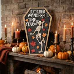 Skeleton Coffin Wooden Door Sign, Halloween Wall Hanging, Autumn Maple Leaf Decor, Spooky Season Plaque - thumbnail 3