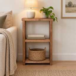 Handmade Slim Side Table - Rustic Solid Wood Sofa With Shelf Narrow End For Small Spaces Wooden Bedside - thumbnail 1