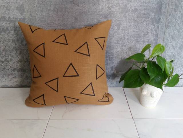 Camel Linen Pillow Cover With Black Triangles/Brown Tobacco Block Printed Outlines Geometric Minimalist Decorative Throw Cushion Natural - image 1