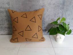 Camel Linen Pillow Cover With Black Triangles/Brown Tobacco Block Printed Outlines Geometric Minimalist Decorative Throw Cushion Natural - thumbnail 1