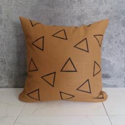Camel Linen Pillow Cover With Black Triangles/Brown Tobacco Block Printed Outlines Geometric Minimalist Decorative Throw Cushion Natural - thumbnail 3