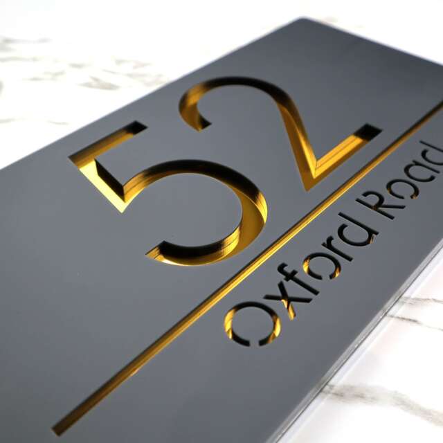 K Smart Sign - Bellissima H3 Laser Cut Matt Dark Gray Anthracite & Gold Mirror Personalised Floating House Plaque 300mm X 160mm - image 1