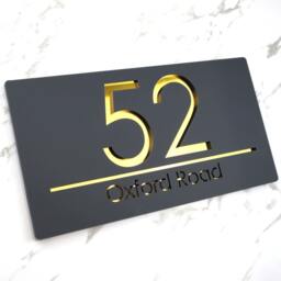K Smart Sign - Bellissima H3 Laser Cut Matt Dark Gray Anthracite & Gold Mirror Personalised Floating House Plaque 300mm X 160mm - thumbnail 2