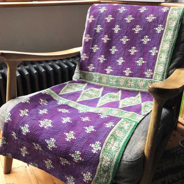 Sale Kantha Throw - Purple With Green Pattern. Red Stitching. Unique/One Of A Kind/Vintage/Boho/Reversible Throw/Bedspread - image 1