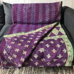 Sale Kantha Throw - Purple With Green Pattern. Red Stitching. Unique/One Of A Kind/Vintage/Boho/Reversible Throw/Bedspread - thumbnail 3
