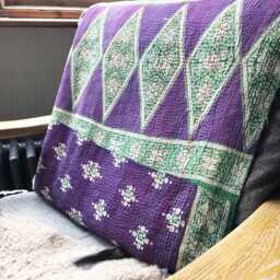 Sale Kantha Throw - Purple With Green Pattern. Red Stitching. Unique/One Of A Kind/Vintage/Boho/Reversible Throw/Bedspread - thumbnail 2