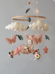 Deer Baby Mobile With Butterflies & Flowers, Girl Nursery Decor