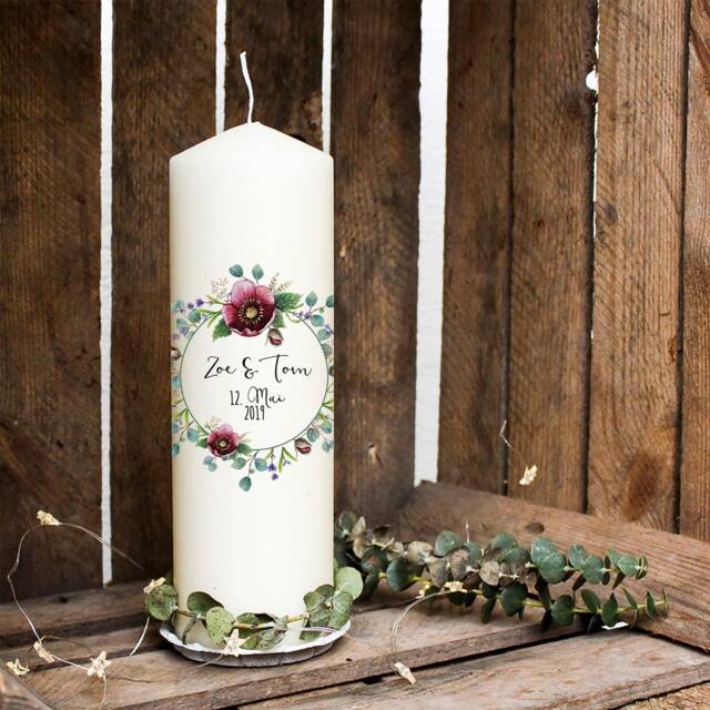 Wedding Candle For Wedding Ceremony Marriage With Flower Wreath Floral Desired Name & Date Wk95 - image 1