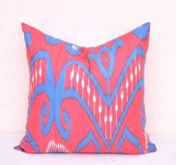 Handmade Silk Ikat Pillow Cover, Red & Blue, 20x20 - thumbnail 1
