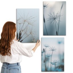 3 Piece Canvas Set - Delicate Dandelions With Water Drops, Blue Picture Print, Plants & Flowers Wall Decor - thumbnail 3