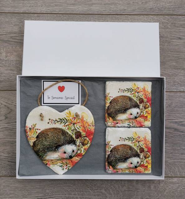 Decoupage Hedgehog Slate Heart Wall Hanging With Coasters Autumn Wildlife Decor - image 1