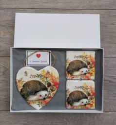 Decoupage Hedgehog Slate Heart Wall Hanging With Coasters Autumn Wildlife Decor