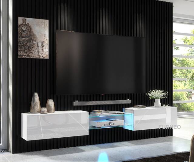 Furneo White Floating Tv Cabinet 230cm Wall Unit Modern High Gloss &matt Art 02 Led Lights - image 1