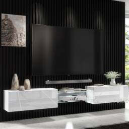 Furneo White Floating Tv Cabinet 230cm Wall Unit Modern High Gloss &matt Art 02 Led Lights - thumbnail 2