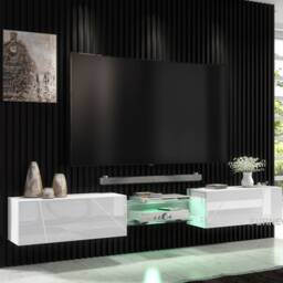 Furneo White Floating Tv Cabinet 230cm Wall Unit Modern High Gloss &matt Art 02 Led Lights - thumbnail 3