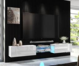 Furneo White Floating Tv Cabinet 230cm Wall Unit Modern High Gloss &matt Art 02 Led Lights - thumbnail 1