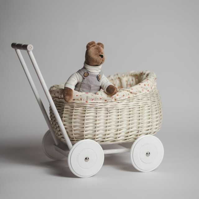 Handcrafted Wicker Pram White Toy Stroller, Toadstool Lining - image 1