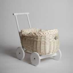 Handcrafted Wicker Pram White Toy Stroller, Toadstool Lining - thumbnail 2