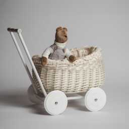 Handcrafted Wicker Pram White Toy Stroller, Toadstool Lining - thumbnail 1