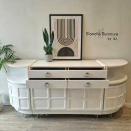 stunning, Very Large Curved Sideboard, By Nathan in Brilliant White On Silver Hairpin Legs - thumbnail 2